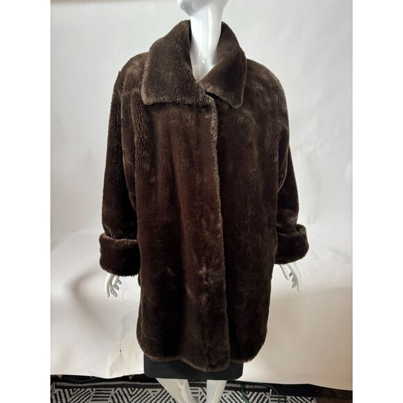 Vintage Faux Fur Brown Coat With Polyester Lining Folded Cuffs & Collar Size Lar - Picture 7 of 16